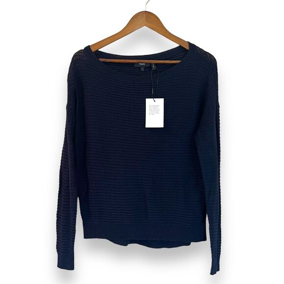 Theory Sweater Womens P XS Navy Blue Ribbed Oversized Cotton Open Knit Crewneck - Picture 3 of 10